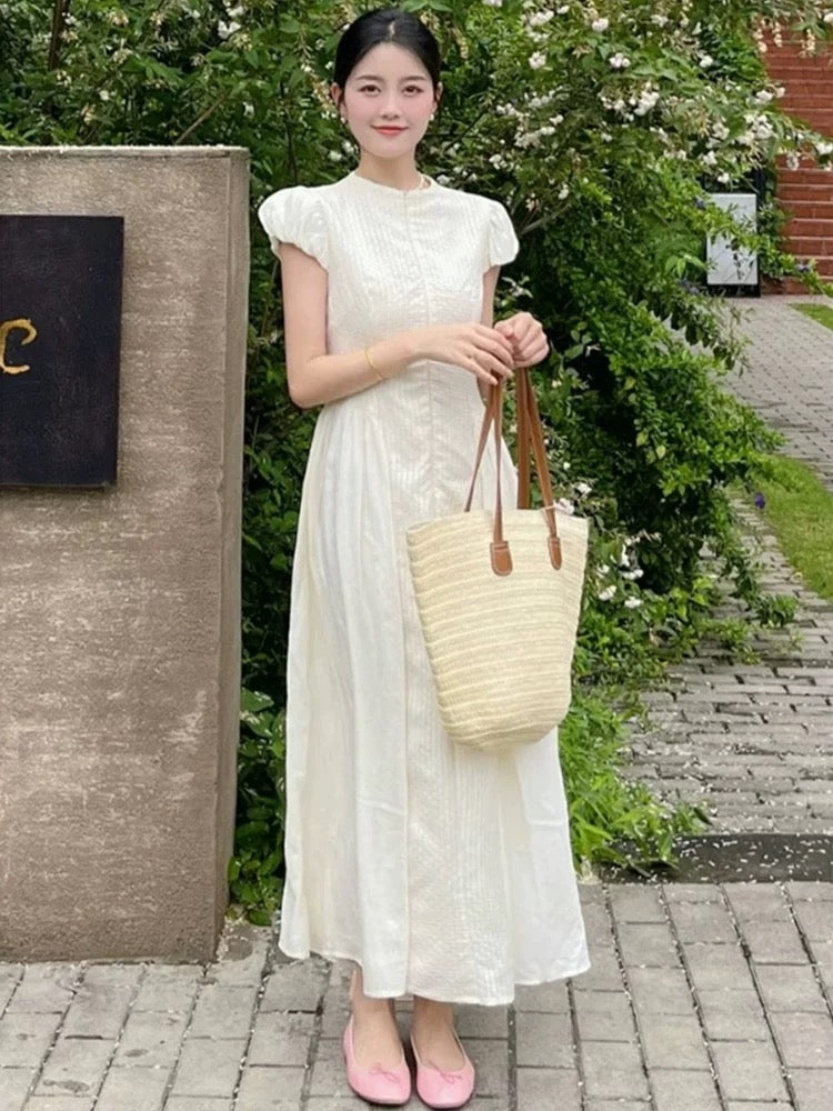 Tea break French gentle white dress summer small flying sleeves female slim goddess style long skirt high-end