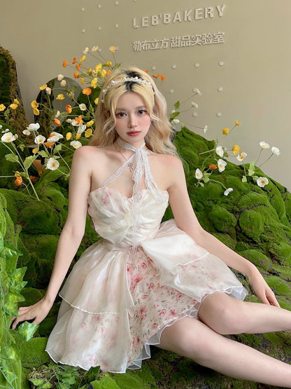 MOXI summer new one-shoulder waist niche romantic tutu skirt bow sweet slimming floral dress