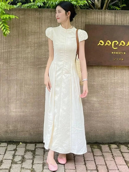 Tea break French gentle white dress summer small flying sleeves female slim goddess style long skirt high-end