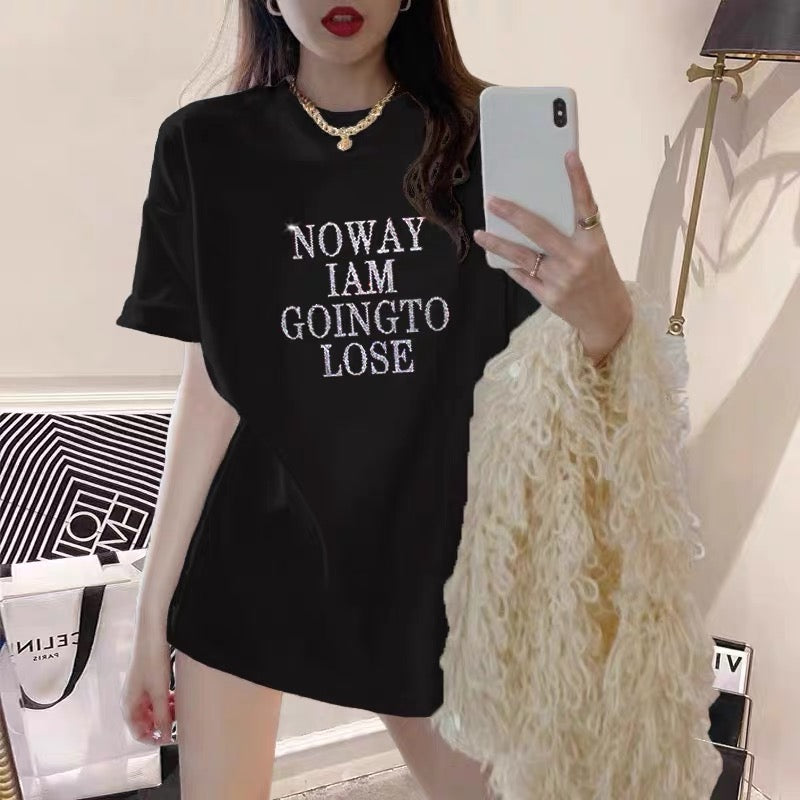 European station new black t-shirt women hot diamond letters loose Korean version of the long section round neck short sleeve summer tide brand ins