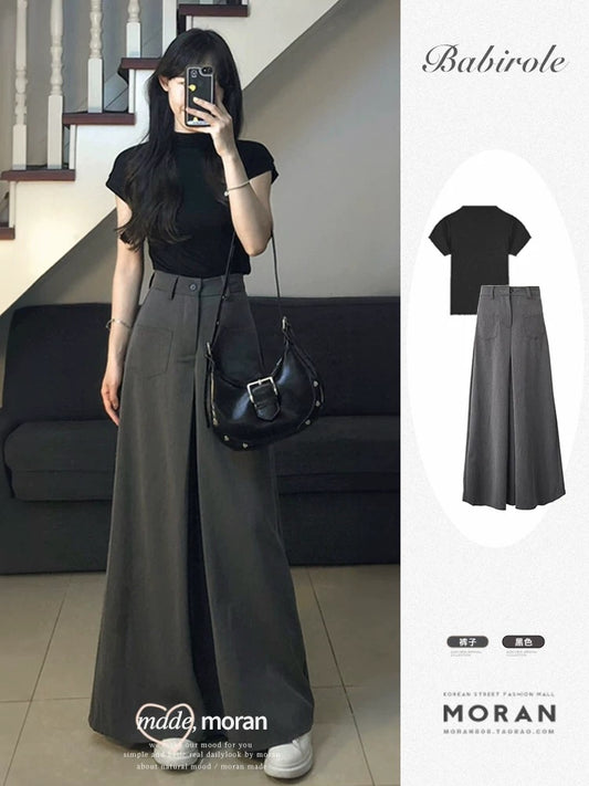 Salt Internet celebrity suit temperament T-shirt top retro high-waisted wide-leg pants women's summer fashion two-piece set to reduce age