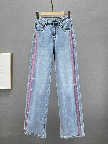 European wide-leg jeans for women 2024 new spring and summer high-waisted loose slimming vertical strips hot diamond floor-length trousers