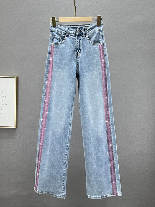 European wide-leg jeans for women 2024 new spring and summer high-waisted loose slimming vertical strips hot diamond floor-length trousers
