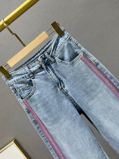 European wide-leg jeans for women 2024 new spring and summer high-waisted loose slimming vertical strips hot diamond floor-length trousers
