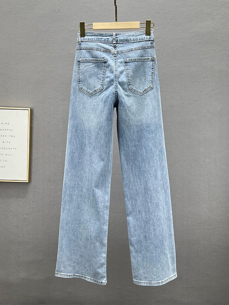 European wide-leg jeans for women 2024 new spring and summer high-waisted loose slimming vertical strips hot diamond floor-length trousers