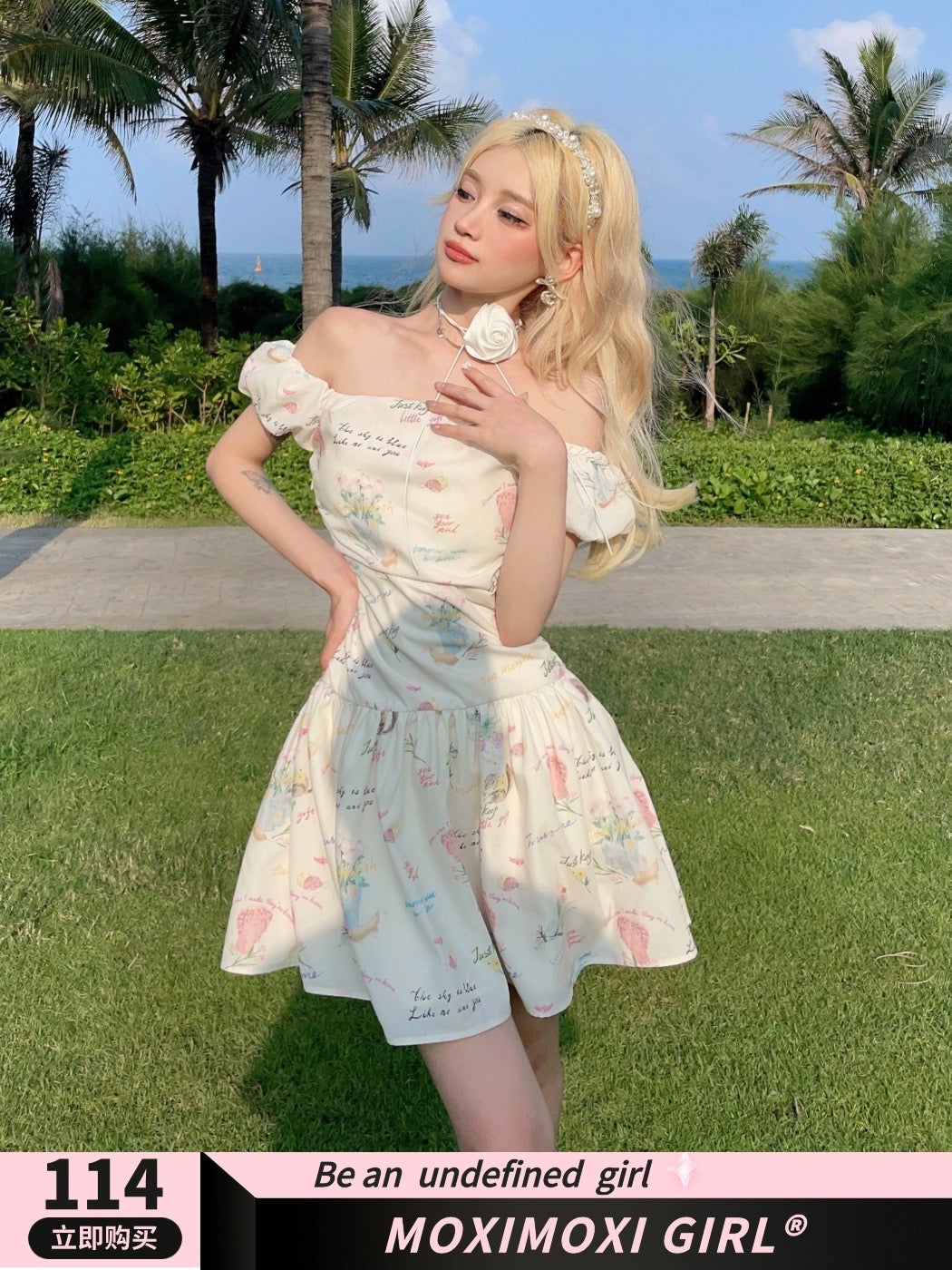MOXI off-shoulder floral girlie outfit with slimming letter print one-shoulder pleated dress long skirt short