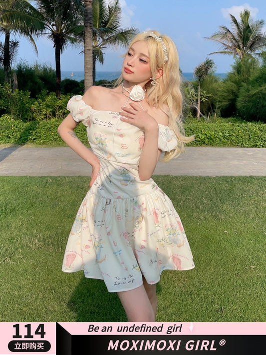 MOXI off-shoulder floral girlie outfit with slimming letter print one-shoulder pleated dress long skirt short