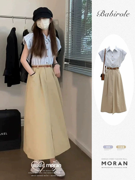 2025 new summer style French design casual and versatile Polo collar temperament striped shirt skirt suit for women