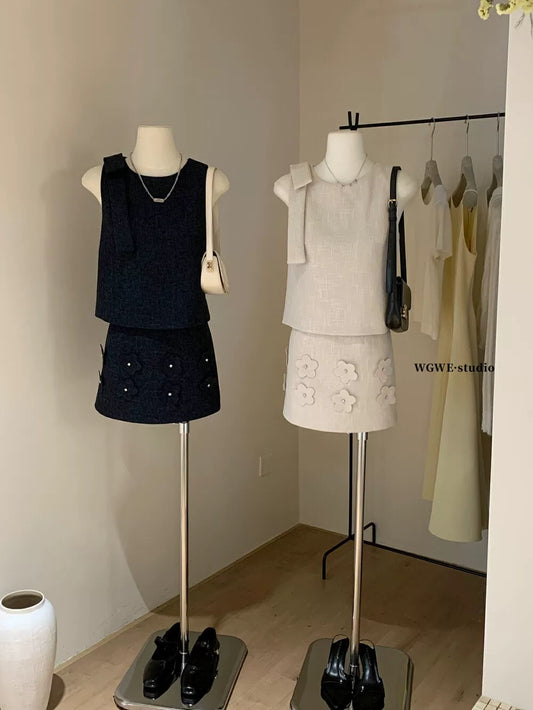 High-grade bow-neck temperament sleeveless vest top + A-line skirt high-end exquisite summer outfit a complete set