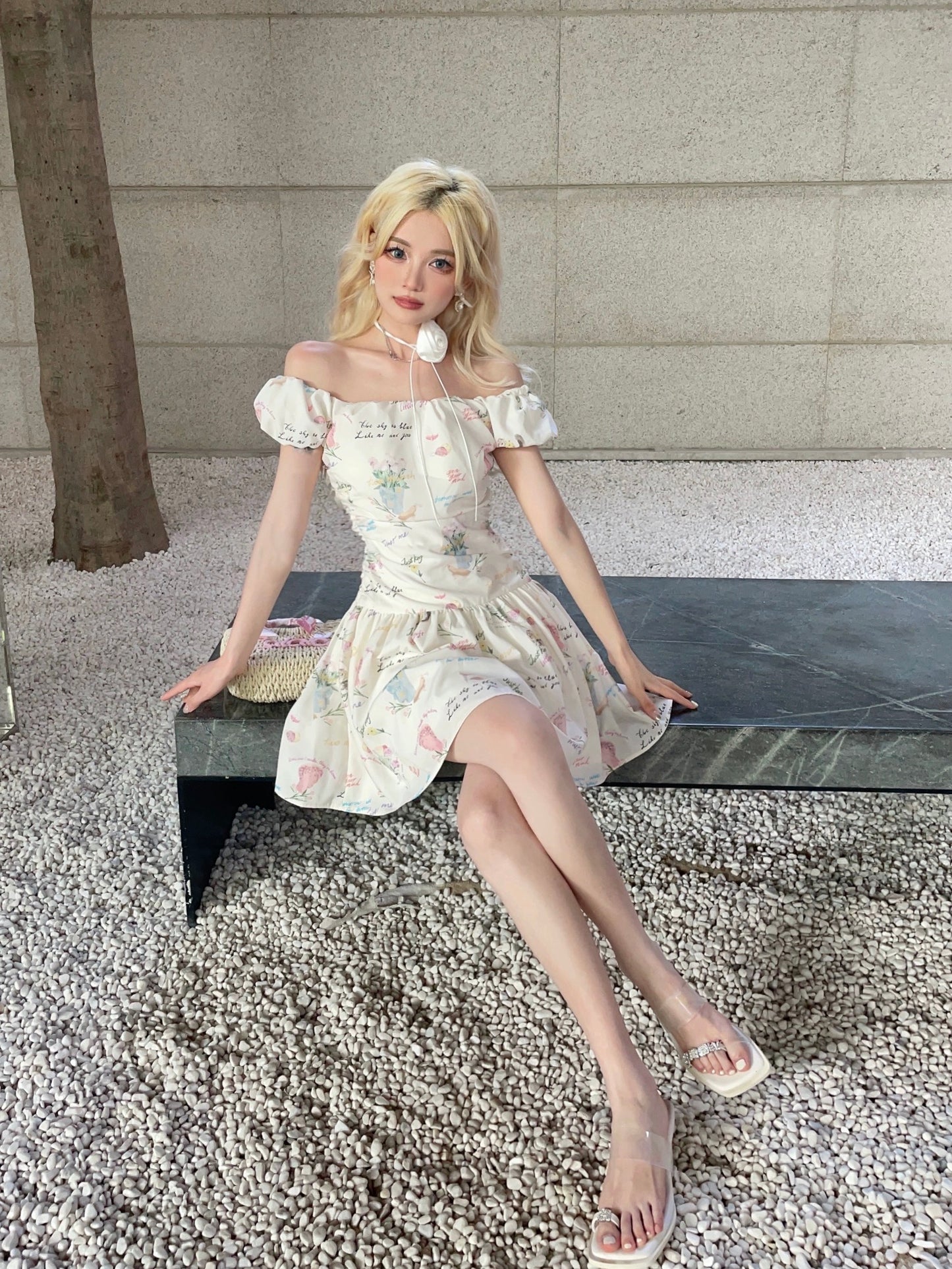 MOXI off-shoulder floral girlie outfit with slimming letter print one-shoulder pleated dress long skirt short