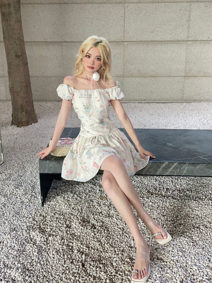 MOXI off-shoulder floral girlie outfit with slimming letter print one-shoulder pleated dress long skirt short