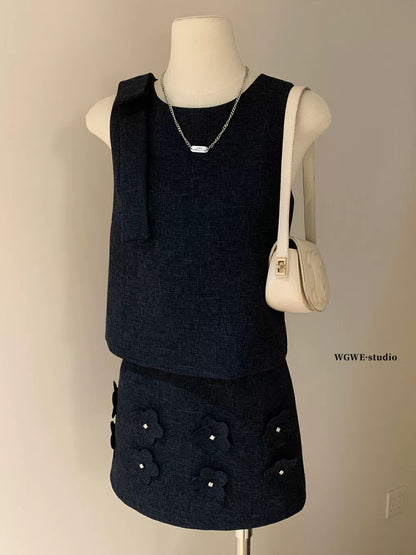 High-grade bow-neck temperament sleeveless vest top + A-line skirt high-end exquisite summer outfit a complete set