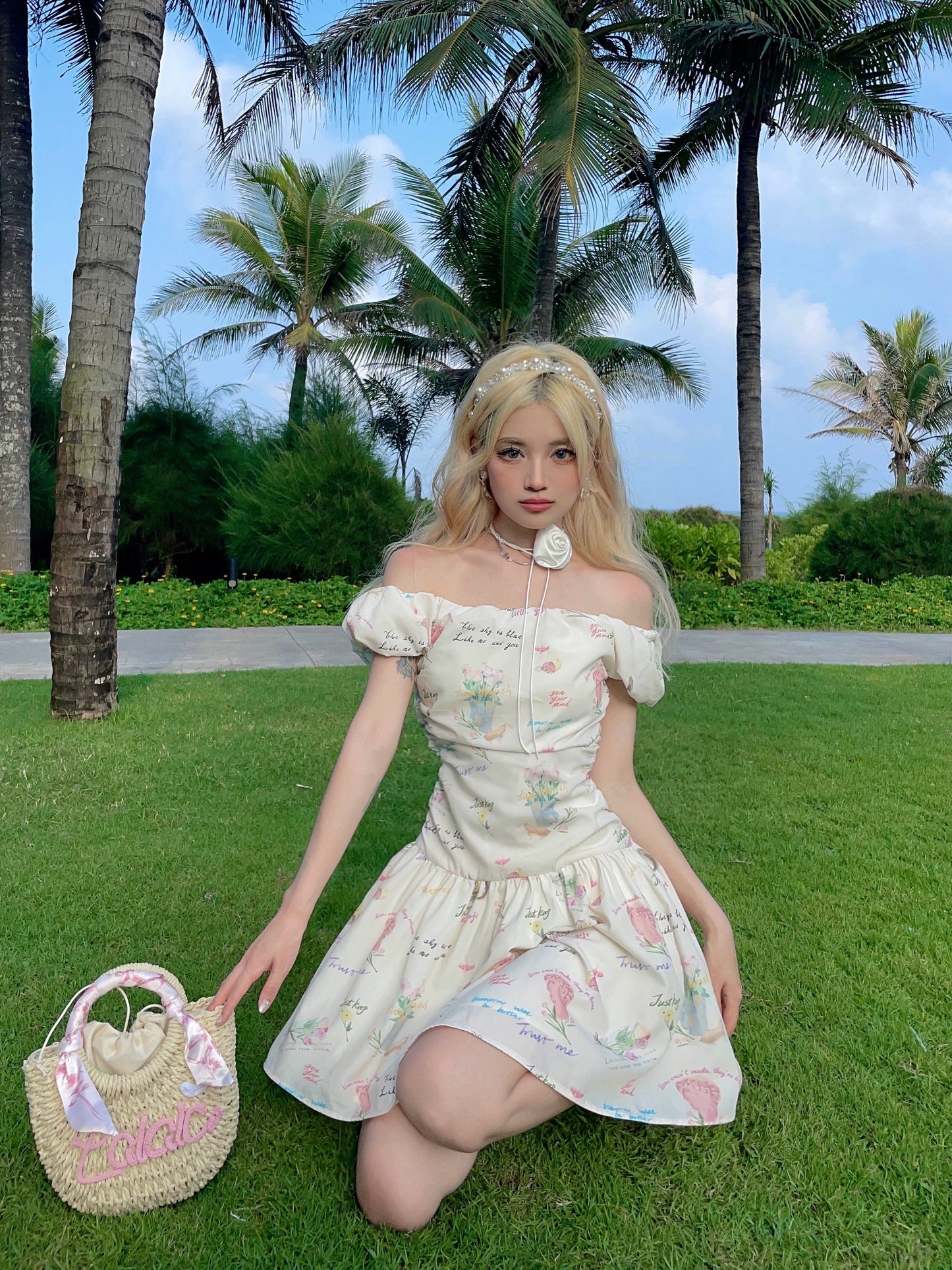 MOXI off-shoulder floral girlie outfit with slimming letter print one-shoulder pleated dress long skirt short