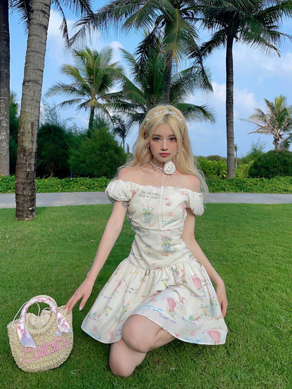 MOXI off-shoulder floral girlie outfit with slimming letter print one-shoulder pleated dress long skirt short