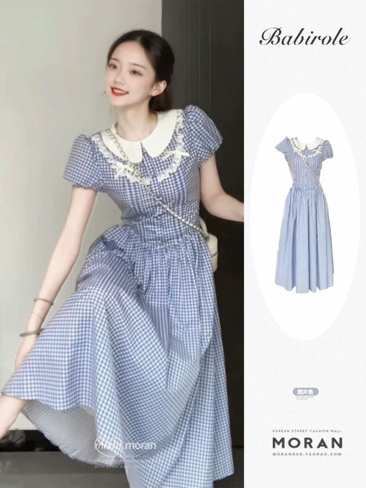 French retro tea break blue plaid puff sleeve dress for women summer tea break waist slimming doll collar long dress