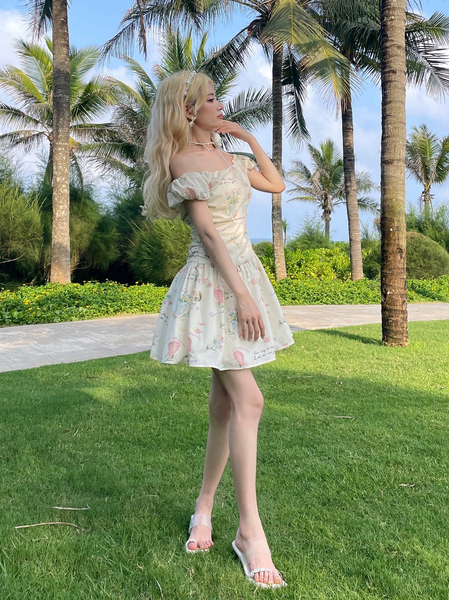 MOXI off-shoulder floral girlie outfit with slimming letter print one-shoulder pleated dress long skirt short