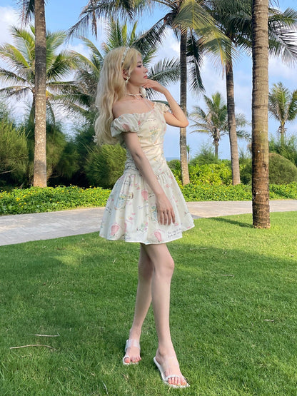 MOXI off-shoulder floral girlie outfit with slimming letter print one-shoulder pleated dress long skirt short