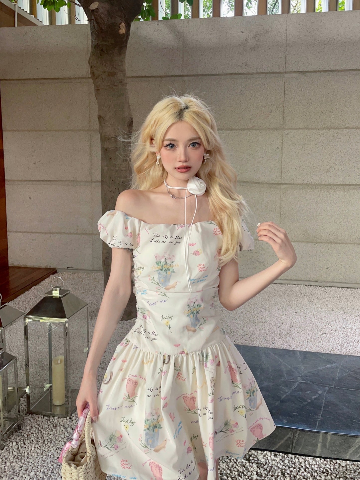 MOXI off-shoulder floral girlie outfit with slimming letter print one-shoulder pleated dress long skirt short