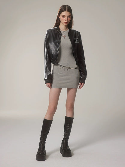 Mess Studio autumn and winter round neck long sleeves hollow design slim knitted dress for women with short skirt