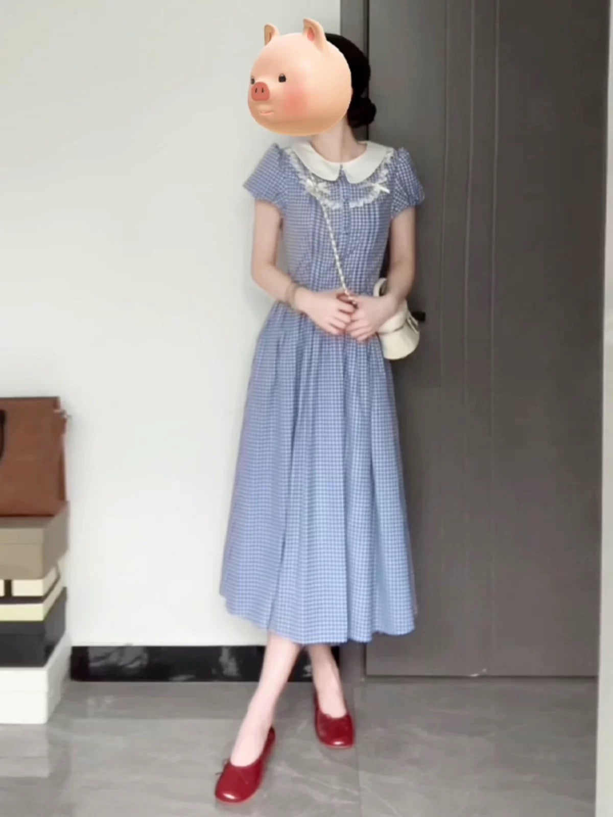 French retro tea break blue plaid puff sleeve dress for women summer tea break waist slimming doll collar long dress