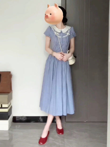 French retro tea break blue plaid puff sleeve dress for women summer tea break waist slimming doll collar long dress