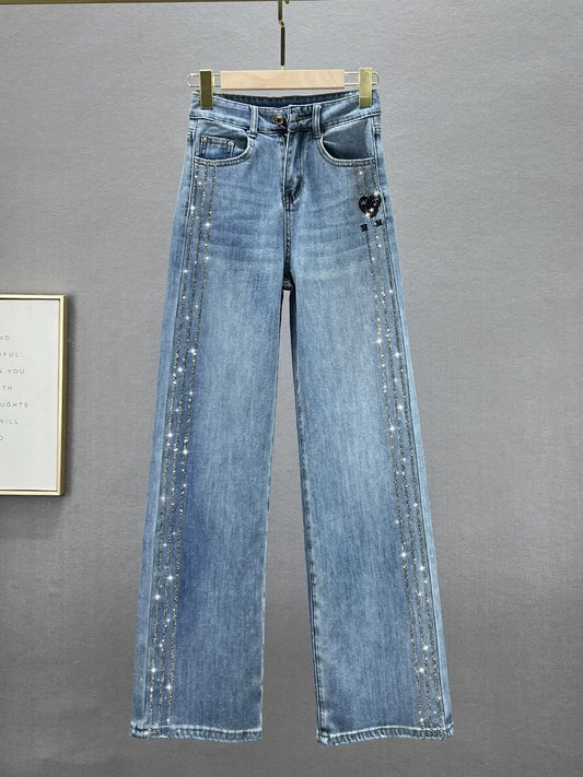 European denim wide-leg pants for women, trendy 2024 new spring high-waisted loose slimming ins hot diamond floor-length trousers