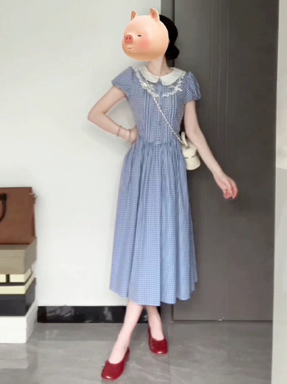French retro tea break blue plaid puff sleeve dress for women summer tea break waist slimming doll collar long dress