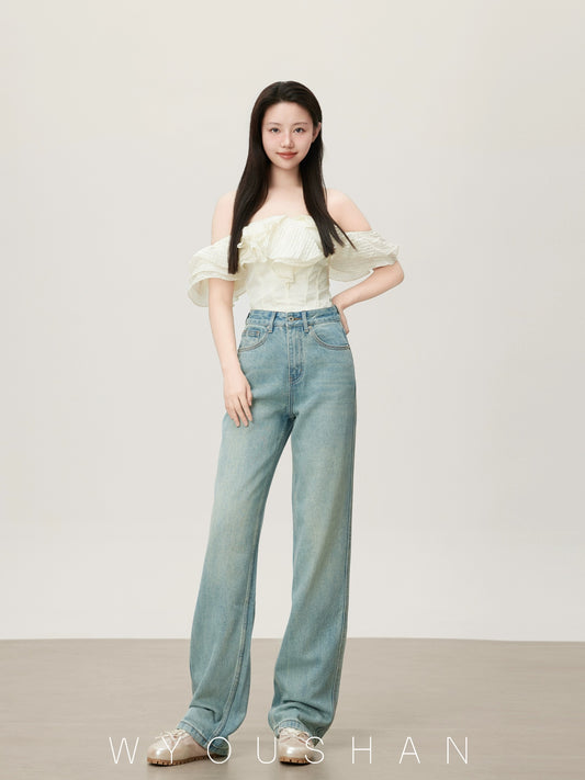 M8811 Wang Youshan high waist jeans women's loose new 2024 summer straight trousers slimming wide leg pants