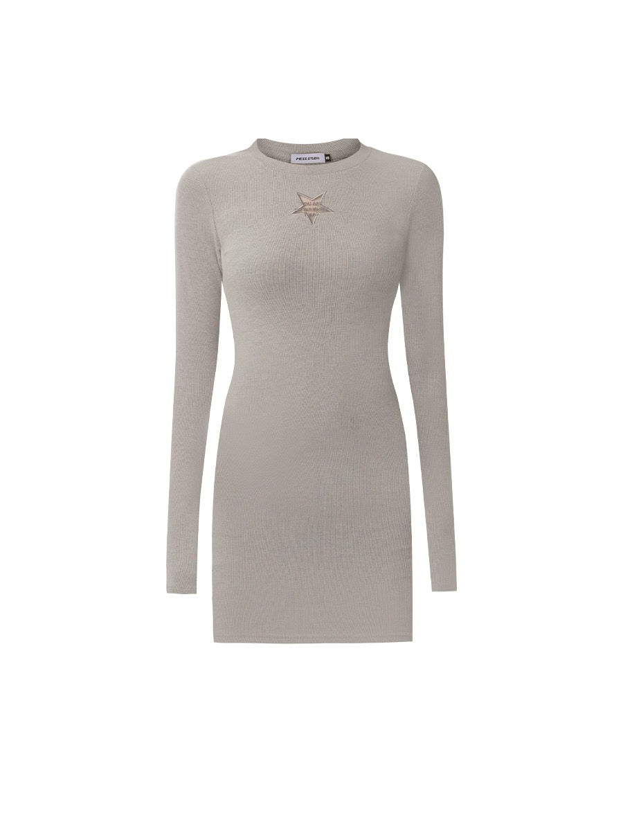 Mess Studio autumn and winter round neck long sleeves hollow design slim knitted dress for women with short skirt
