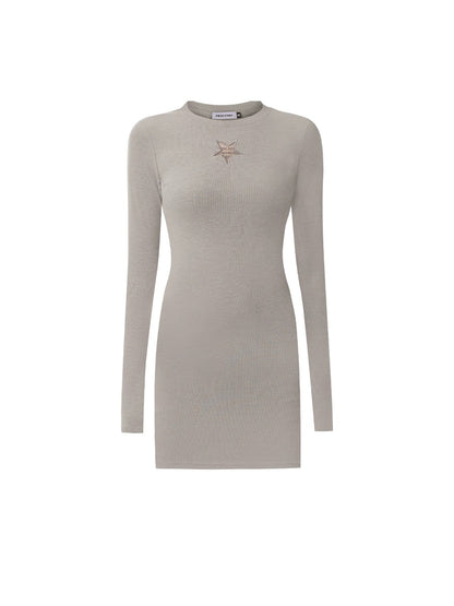 Mess Studio autumn and winter round neck long sleeves hollow design slim knitted dress for women with short skirt