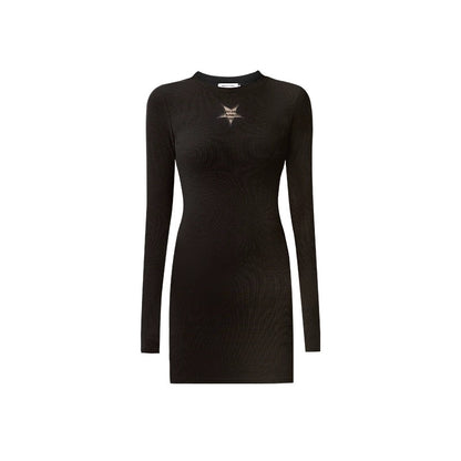 Mess Studio autumn and winter round neck long sleeves hollow design slim knitted dress for women with short skirt