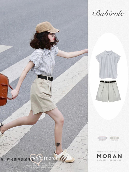 French temperament slim striped shirt top shorts two-piece set small tall fashion casual suit women summer