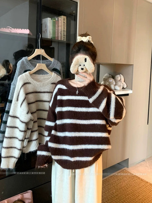 Kumikumi lazy style round neck contrast color striped pullover sweater women's autumn versatile loose slim casual top