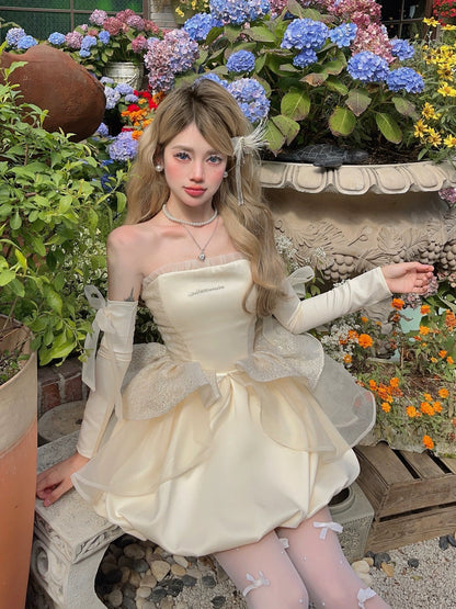 MOXI Birthday Light Wedding Dress Princess Dress French Palace Embroidery Dress Apricot Gold Strapless Drawstring Puff Dress