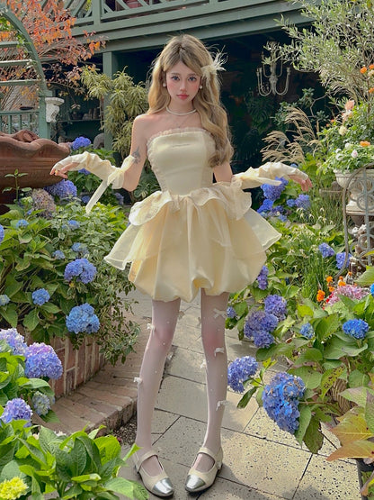 MOXI Birthday Light Wedding Dress Princess Dress French Palace Embroidery Dress Apricot Gold Strapless Drawstring Puff Dress