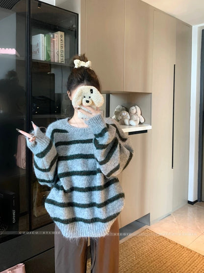 Kumikumi lazy style round neck contrast color striped pullover sweater women's autumn versatile loose slim casual top