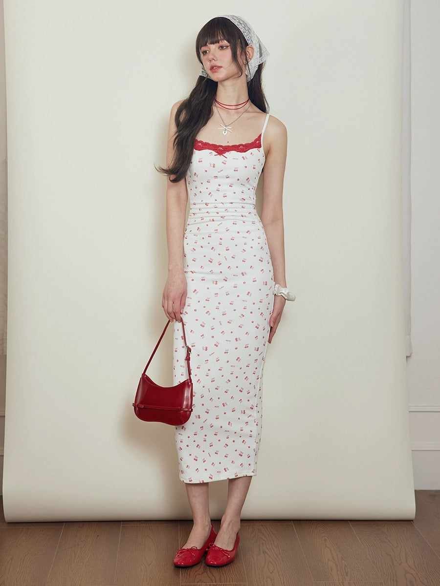 Mess Studio summer hot girl skirt niche cherry lace dress female suspe ...