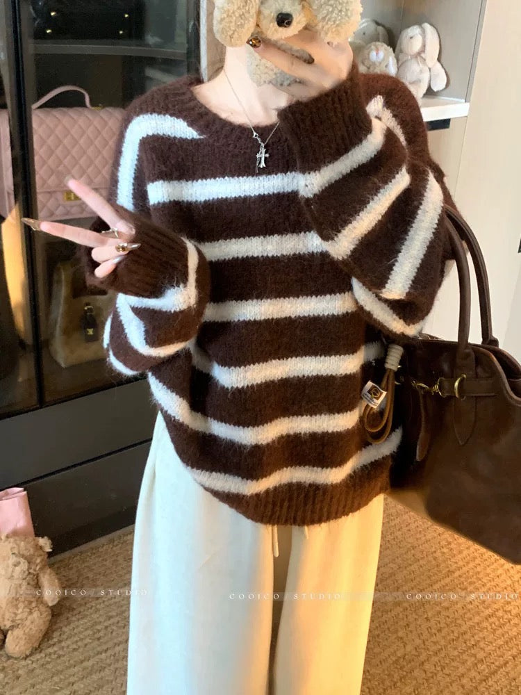 Kumikumi lazy style round neck contrast color striped pullover sweater women's autumn versatile loose slim casual top