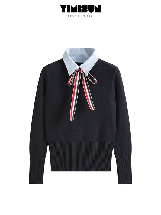 YIMISUN design sense fake two-piece Polo collar college style bow tie bottoming sweater top pullover