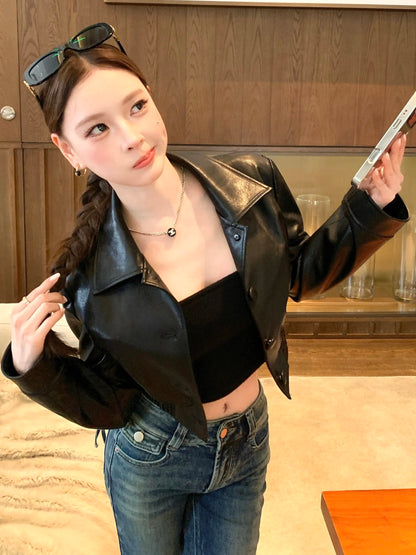 Retro Maillard" Style: Wenwen's Personal Look – Versatile, Trendy, and Chic Cropped Biker Leather Jacket (Pre-order)