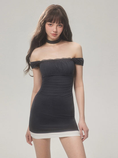 Mess Studio American hot girl's high-end contrast dress can be worn twice and has pleated waist to make the waist look slimmer
