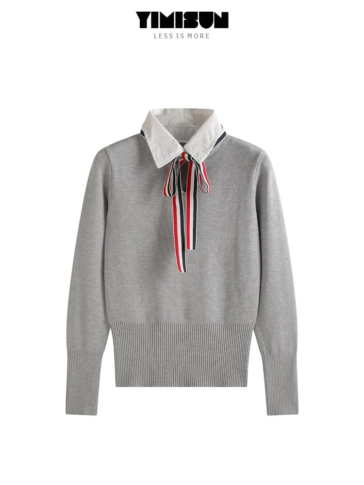YIMISUN design sense fake two-piece Polo collar college style bow tie bottoming sweater top pullover