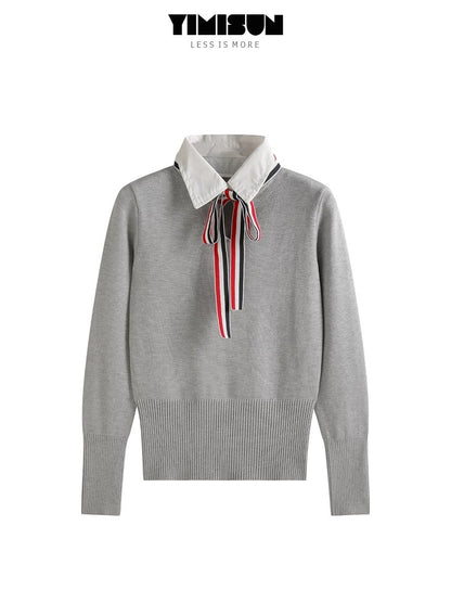 YIMISUN design sense fake two-piece Polo collar college style bow tie bottoming sweater top pullover