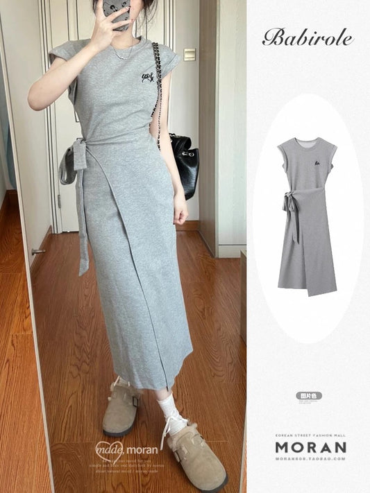 Korean casual college style gray t-shirt long skirt women's summer design niche temperament strap waist slimming dress