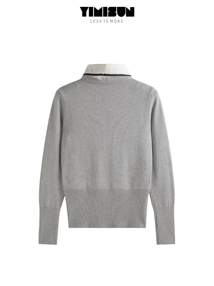 YIMISUN design sense fake two-piece Polo collar college style bow tie bottoming sweater top pullover