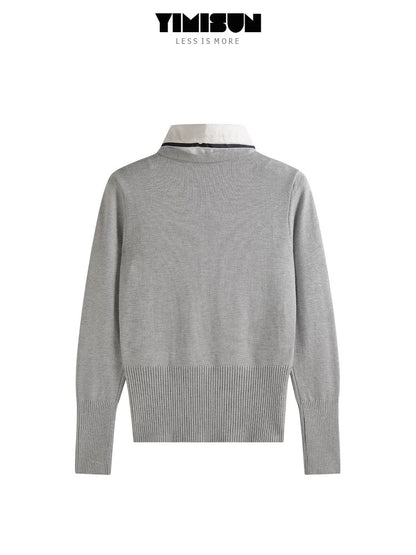 YIMISUN design sense fake two-piece Polo collar college style bow tie bottoming sweater top pullover