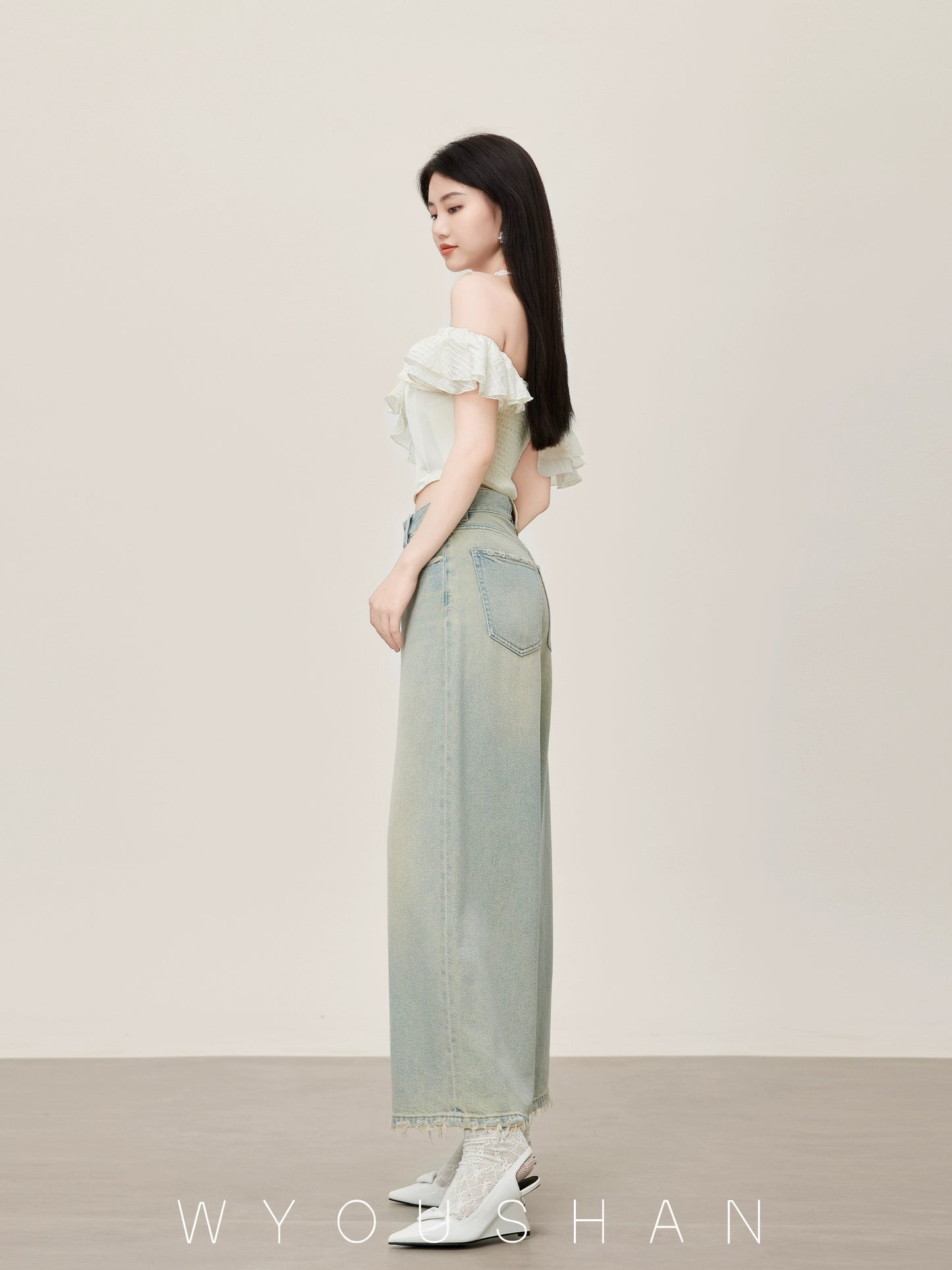 5301 Wang Youshan high waist jeans women's loose new style 2024 summer flared wide leg pants for small people