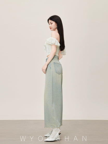 5301 Wang Youshan high waist jeans women's loose new style 2024 summer flared wide leg pants for small people