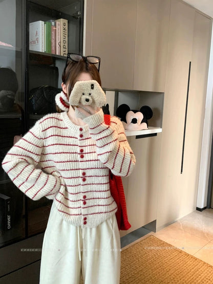 Kumikumi sweet style retro striped contrast color long-sleeved sweater women's autumn loose slim niche age-reducing top
