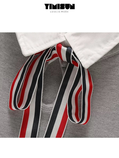 YIMISUN design sense fake two-piece Polo collar college style bow tie bottoming sweater top pullover